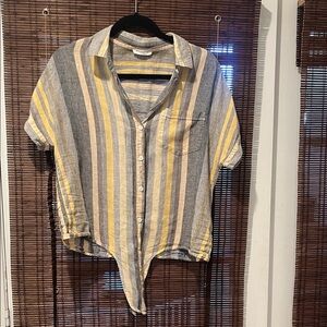 beachlunchlounge Striped Button-Up Blouse - Yellow, Gray, Cream. 21”L 21”W